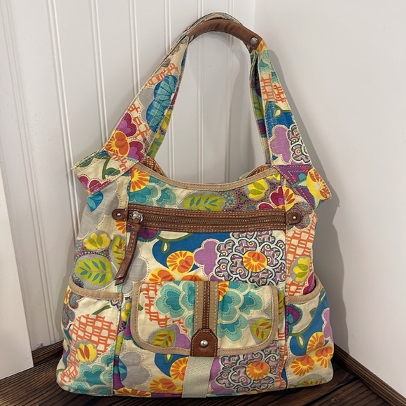 Vintage Fossil Floral Boho Leather and Canvas Tote Bag - Picture 4 of 6